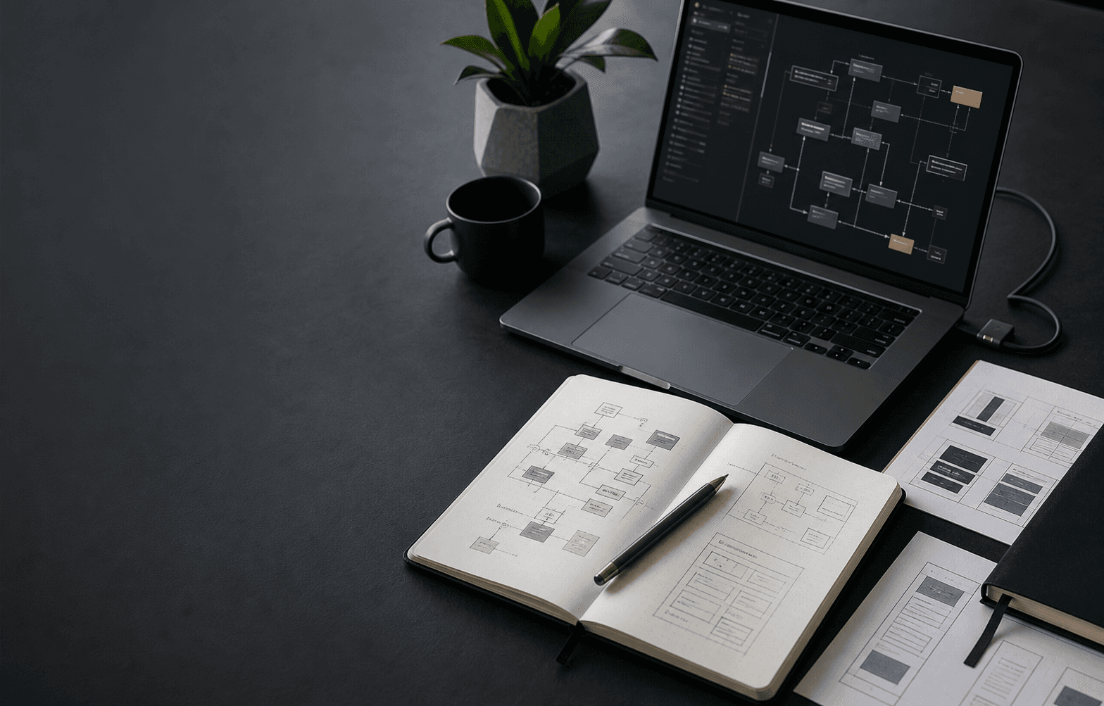 Mesa de trabajo técnica con portátil, diagramas de arquitectura y bocetos de interfaz