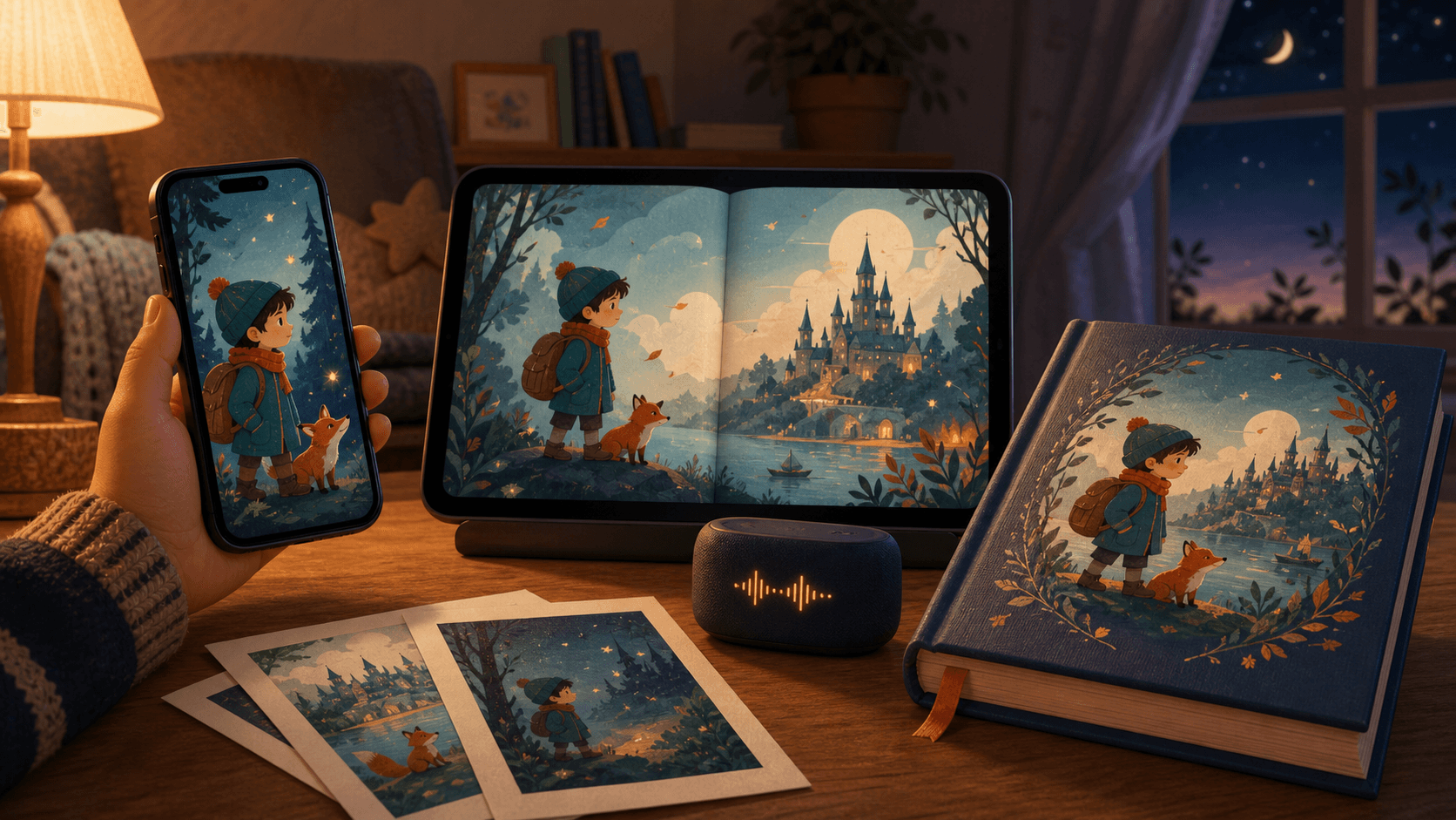 La misma historia infantil en un móvil, una tablet, páginas impresas, audio y un libro de tapa dura